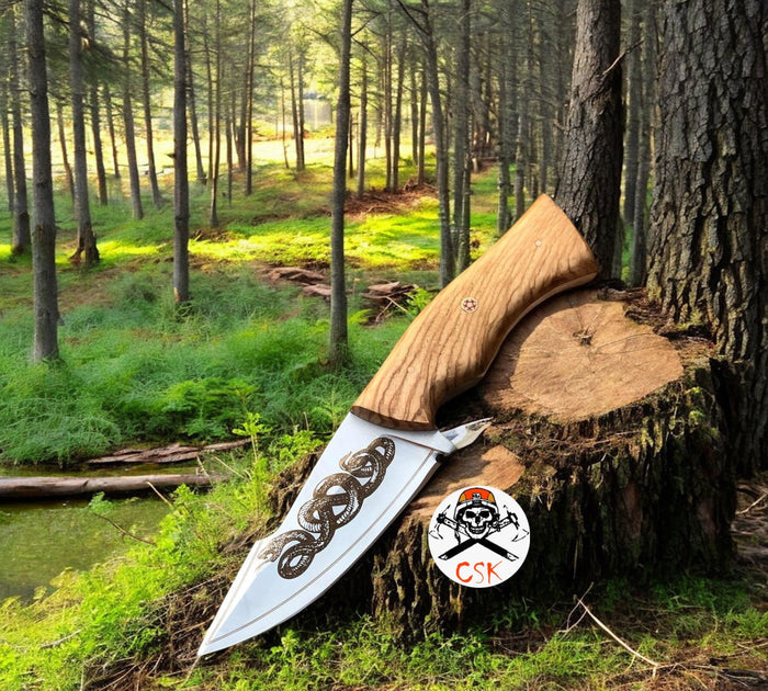Handcrafted J2 Steel Hunting Knife with Snake Engraving | Premium Outdoor Blade cskforged