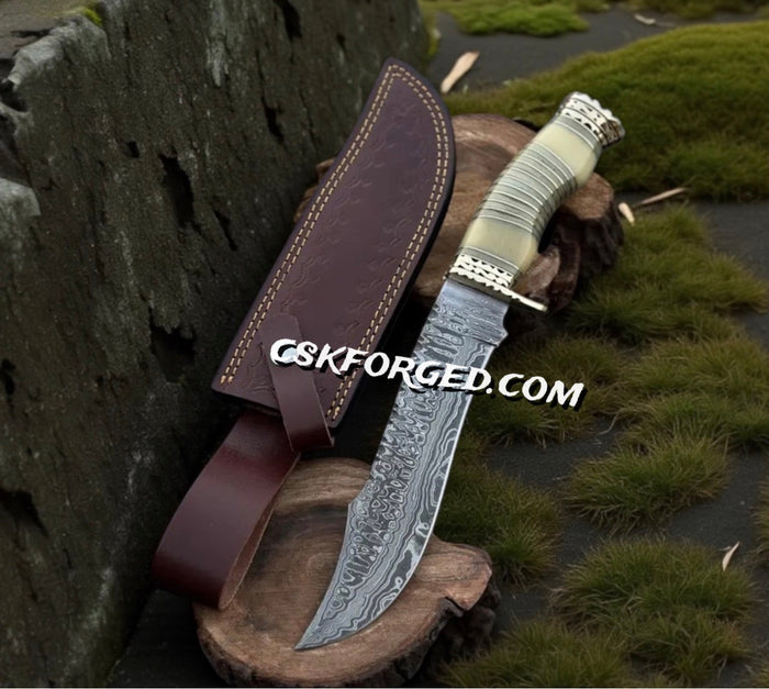 Handcrafted Modern Bowie Knife - Damascus Steel Blade with Handmade Bone Handle and Brass Guard cskforged