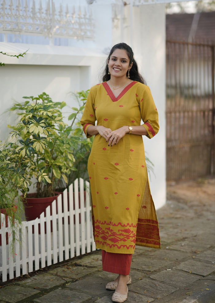 Handloom soft cotton Jamdhani kurti with bottom in mustard yellow shade MBS-773 **Ready to dispatch**