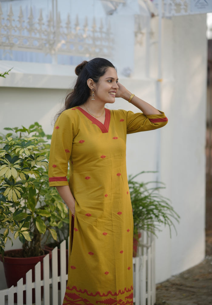 Handloom soft cotton Jamdhani kurti with bottom in mustard yellow shade MBS-773 **Ready to dispatch**