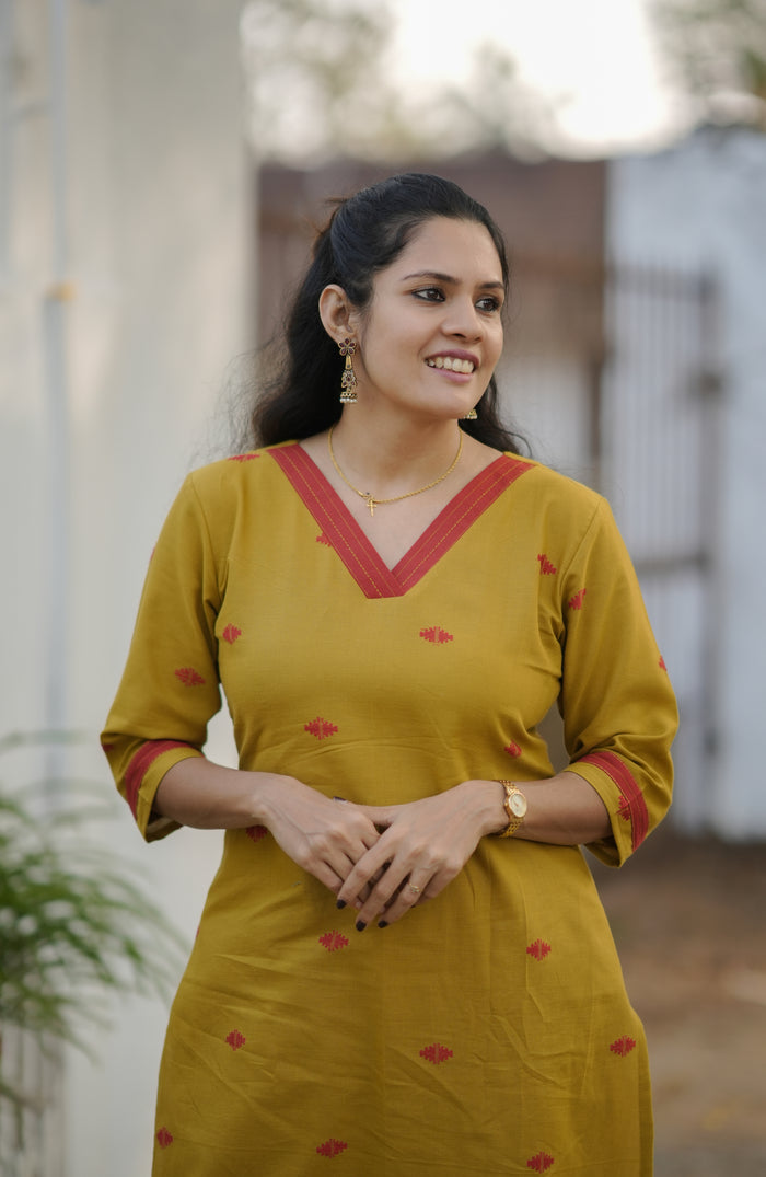 Handloom soft cotton Jamdhani kurti with bottom in mustard yellow shade MBS-773 **Ready to dispatch**