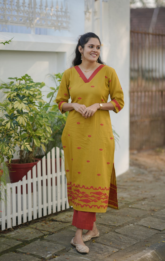 Handloom soft cotton Jamdhani kurti with bottom in mustard yellow shade MBS-773 **Ready to dispatch**