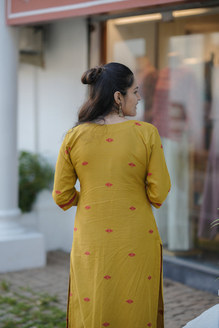 Handloom soft cotton Jamdhani kurti with bottom in mustard yellow shade MBS-773 **Ready to dispatch**