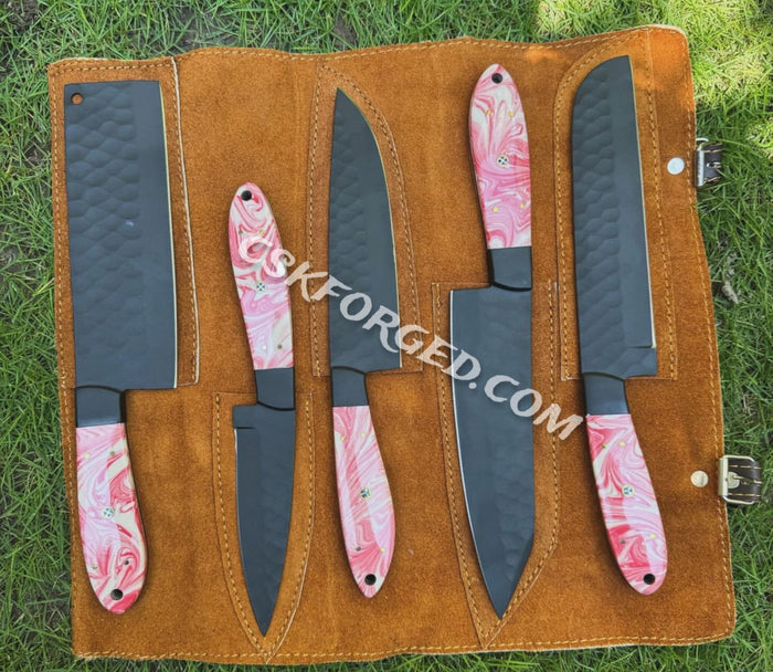 HandMade Chef Knife Set with Unique Marbled Pink Handles cskforged