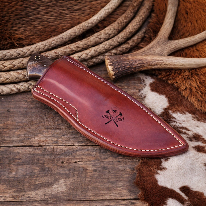 Handmade Damascus Buckaroo Ranch Knife with Buffalo Horn Handle & Leather Belt Sheath cskforged