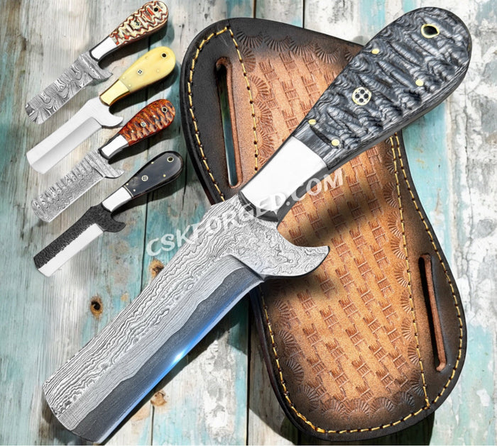 Handmade  Damascus Cowboy Bull cutter knife with leather sheath cskforged