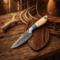 Handmade Damascus Cowboy Working Knife Bone Handle Pancake Leather Sheath cskforged