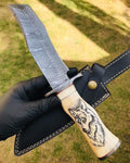 Handmade Damascus Hunting Camping Knife with Stained Bone,Damascus Guard and Pommel Handle cskforged