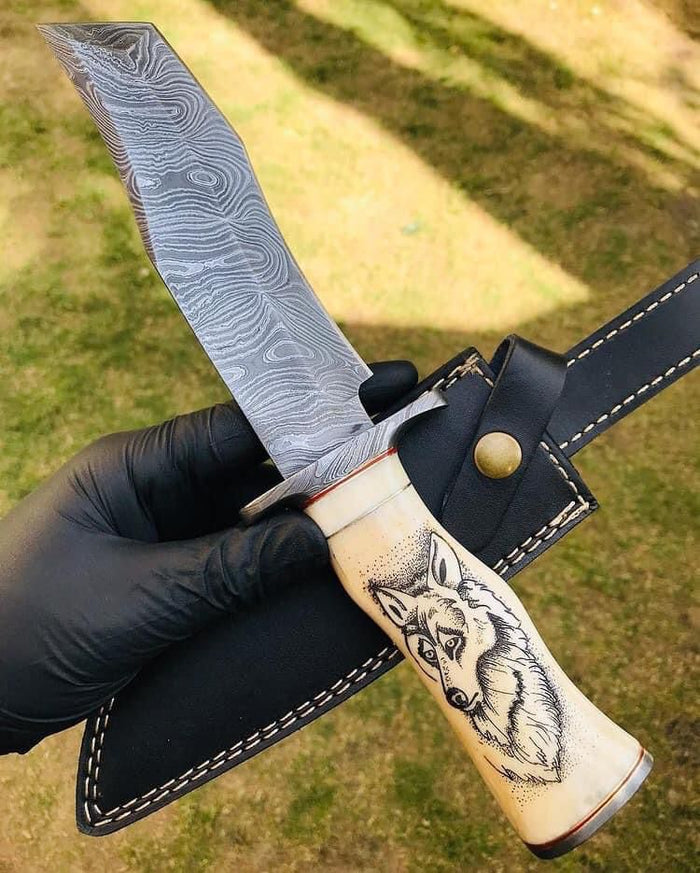 Handmade Damascus Hunting Camping Knife with Stained Bone,Damascus Guard and Pommel Handle cskforged