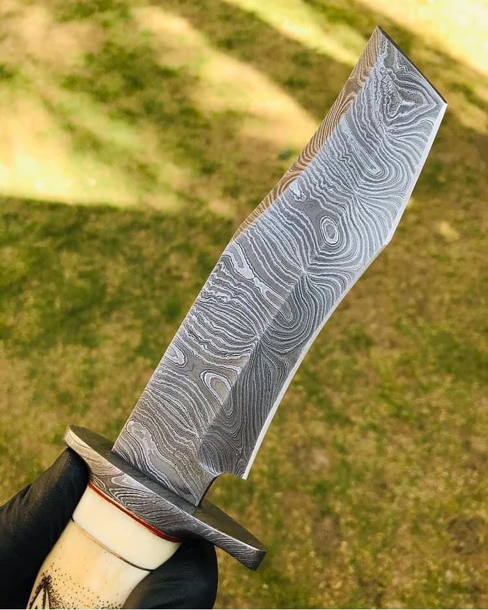 Handmade Damascus Hunting Camping Knife with Stained Bone,Damascus Guard and Pommel Handle cskforged