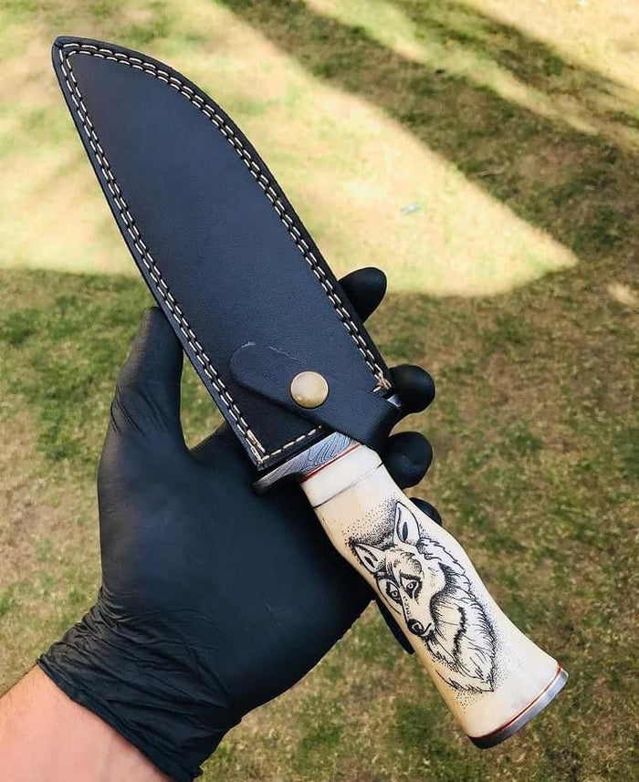Handmade Damascus Hunting Camping Knife with Stained Bone,Damascus Guard and Pommel Handle cskforged