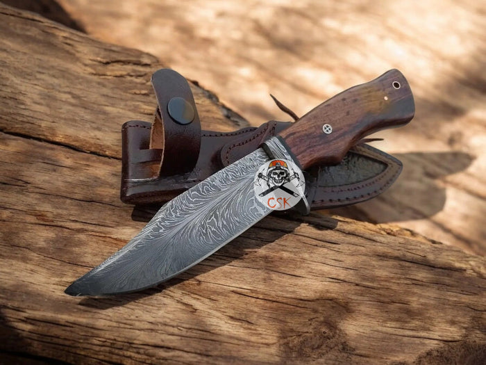 Handmade Damascus Steel Feather Pattern Bobcat Knife cskforged