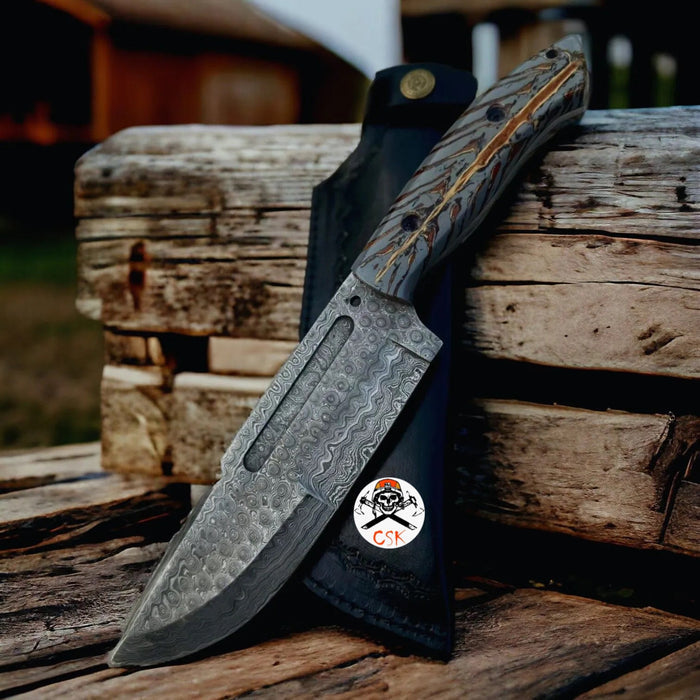 Handmade Damascus Steel Hunting & Survival Bushcraft Knife with Pine-Cone cskforged