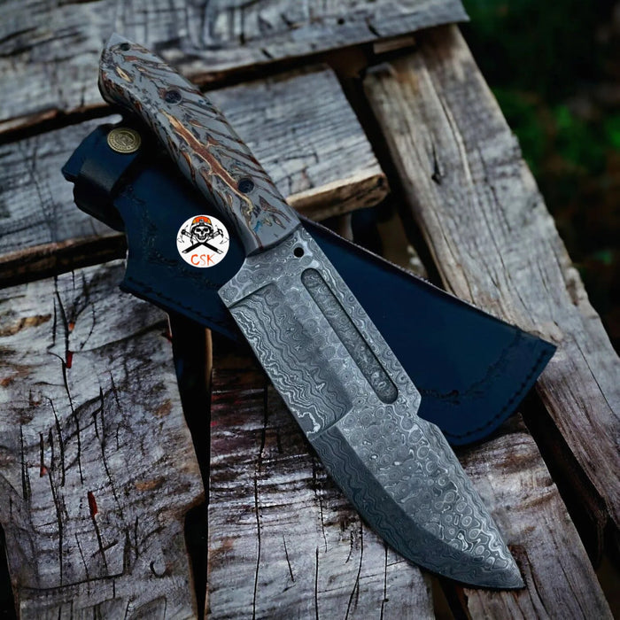 Handmade Damascus Steel Hunting & Survival Bushcraft Knife with Pine-Cone cskforged