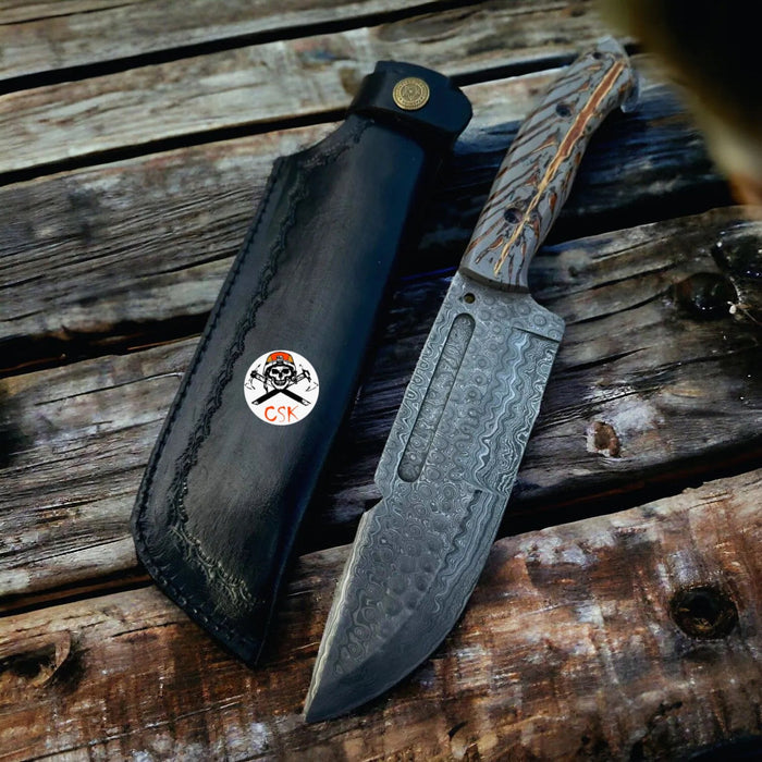Handmade Damascus Steel Hunting & Survival Bushcraft Knife with Pine-Cone cskforged