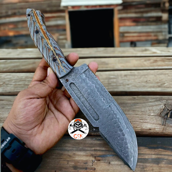 Handmade Damascus Steel Hunting & Survival Bushcraft Knife with Pine-Cone cskforged