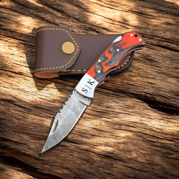 Handmade Damascus Steel Pocket Knife – Pakka Wood Handle Folding Knife with Leather Sheath cskforged