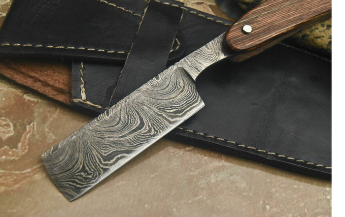 Handmade Damascus Steel Razor With Leather Sheath cskforged