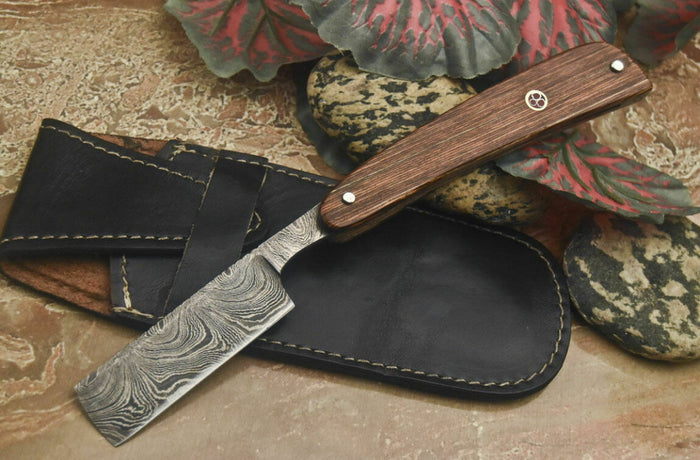 Handmade Damascus Steel Razor With Leather Sheath cskforged