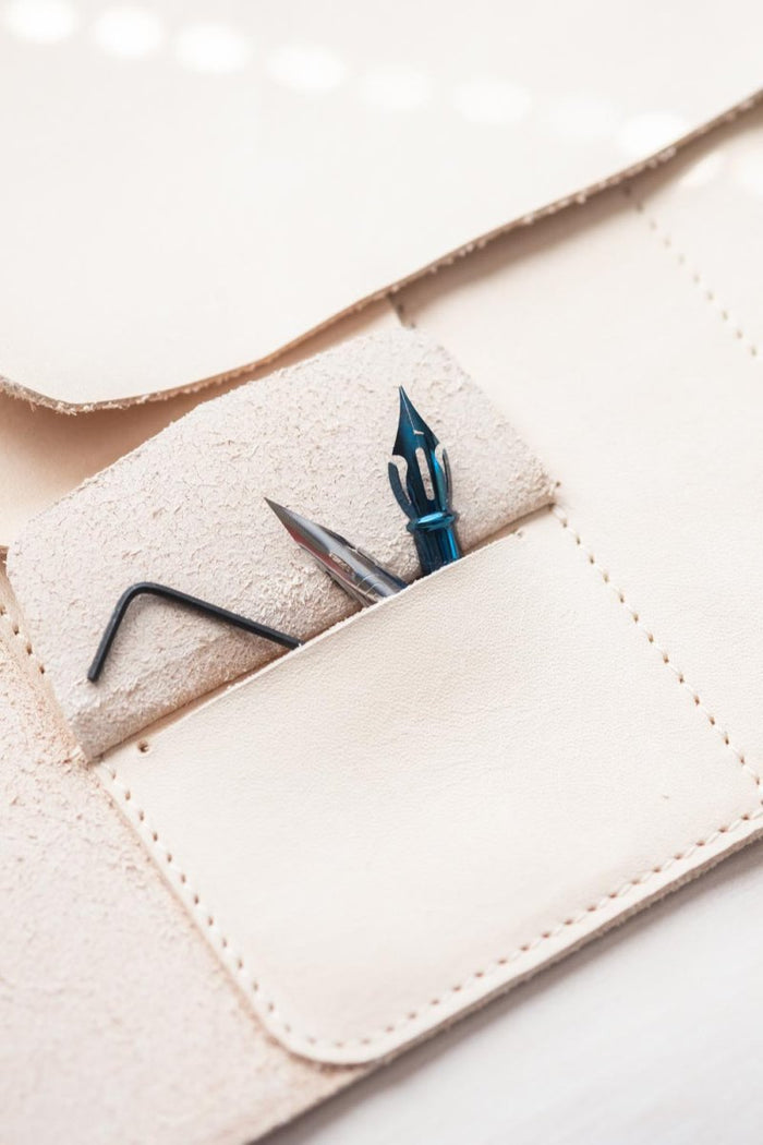 A close up of the nib storage pocket on the Leather Pen Roll, handmade by Edward de Lacy