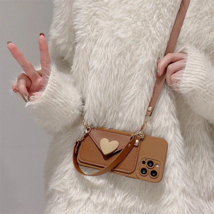 Heart Card Holder Crossbody Lanyard Leather Texture Phone Case For iPhone