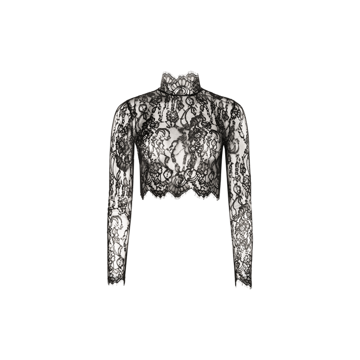 Henriette Cropped Lace Top featuring long sleeves, a high neck, and intricate floral patterns with scalloped hems crafted from delicate Chantilly lace, displayed on a white background.