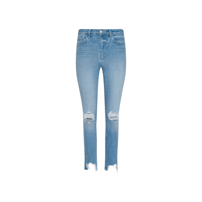 High Line Distressed Skinny Jean in a light blue vintage wash, featuring skinny fit, distressed rips at the knees, and frayed hems, photographed against a plain white background.