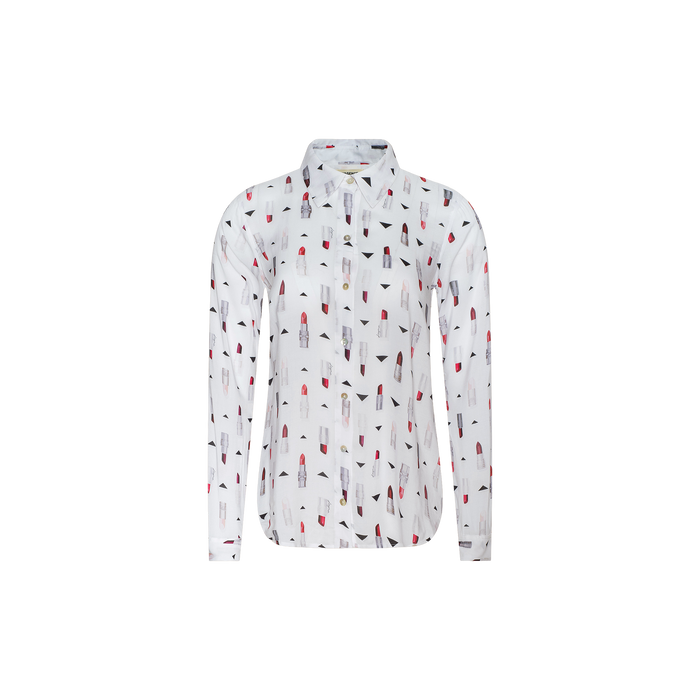 The Holly Blouse is a white long-sleeve button-down shirt featuring an all-over print of lipstick illustrations in red, black, and gray. This slim fit blouse includes a classic collar and relaxed silhouette, displayed against a plain white background.