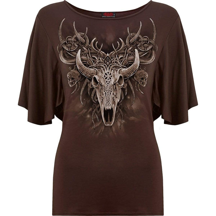 HORNED SPIRIT - Boat Neck Bat Sleeve Top Chocolate Spiral USA