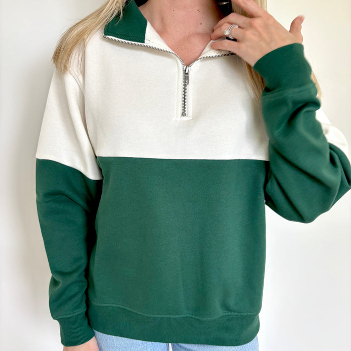 Hunter Green/Cloud Dancer Colorblock Quarter Zip Pullover Ivy + Cloth