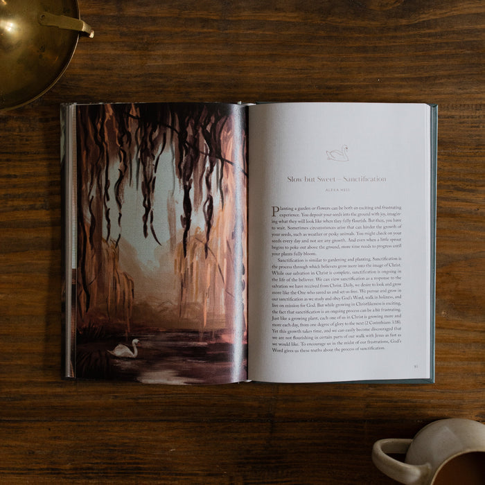 In the Grips of His Grace Study opened to Page 85 about Sanctification, on a brown wooden table next to a bronze oil lamp and a white coffee cup