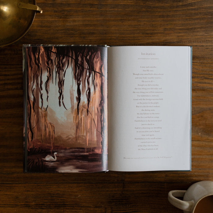 In the Grips of His Grace Study opened to Page 13 about Invitation, on a brown wooden table next to a bronze oil lamp and a white coffee cup