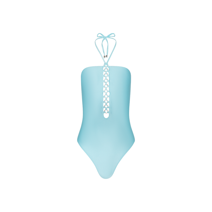 The Indore One-Piece Swimsuit in ice blue features a halter neck tie and a decorative chain detail with crystal pavé rings running down the front center. This UPF 50 swimsuit is shown against a white background.