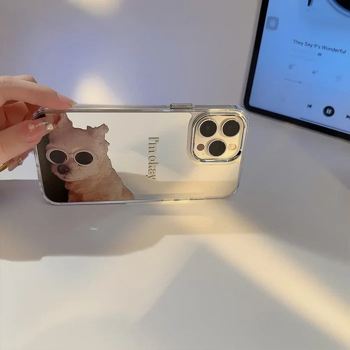 Ins Sunglass Dog Pattern Electroplated Makeup Mirror Phone Case For iPhone PhoneShells