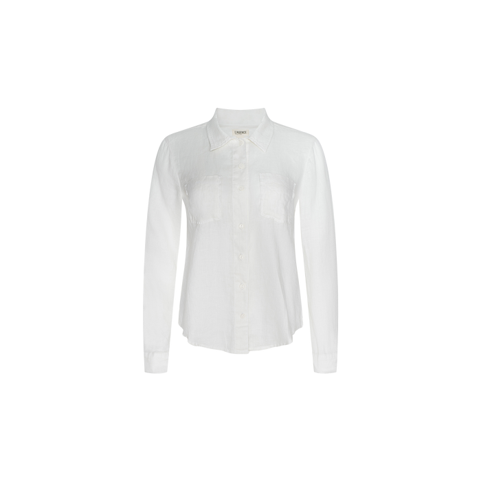 The Isla Linen Shirt is a white long-sleeve button-down with two chest pockets, shown against a plain white background.