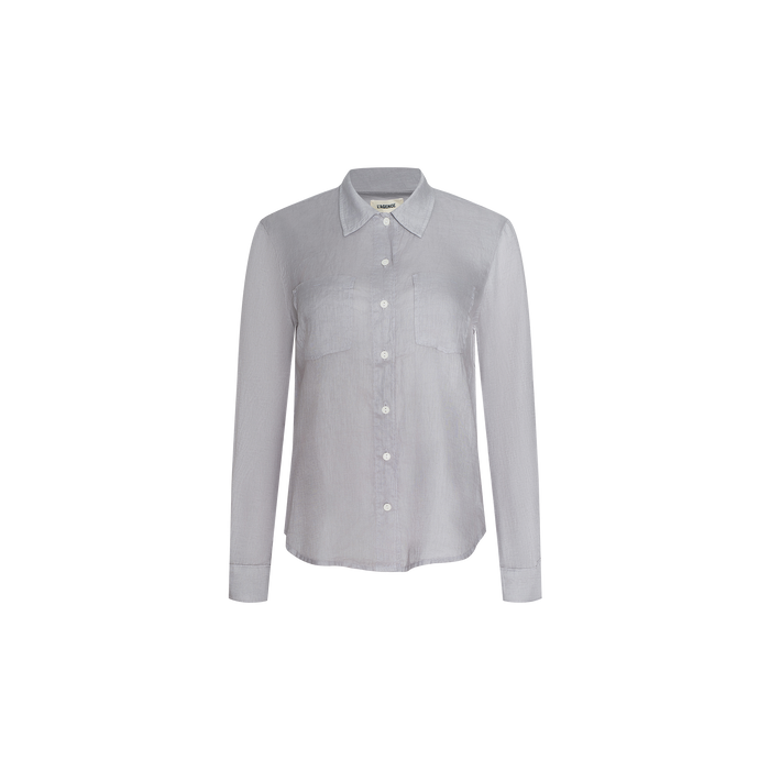 The Isla Linen Shirt is a light grey, long-sleeve button-down with a collar and two chest pockets, shown against a plain white background.
