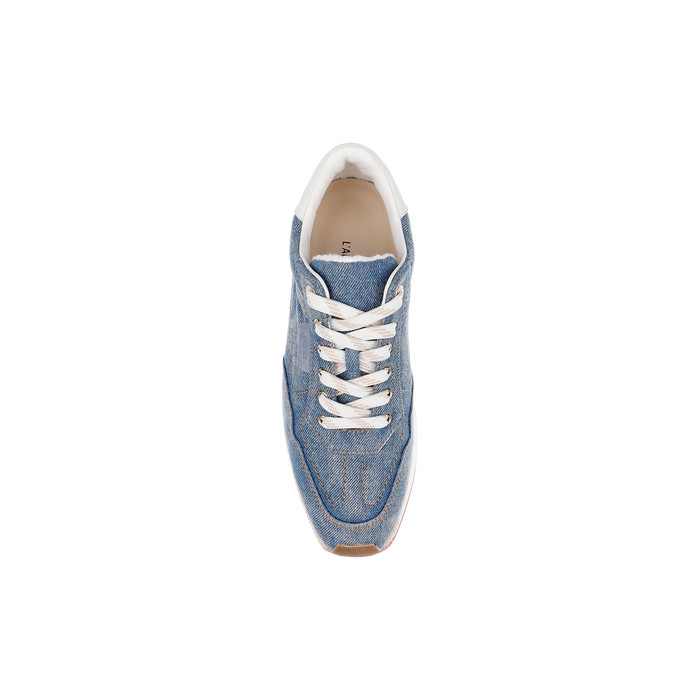 An Ivone Platform Sneaker in blue with a denim upper and white laces is shown from above on a plain white background.