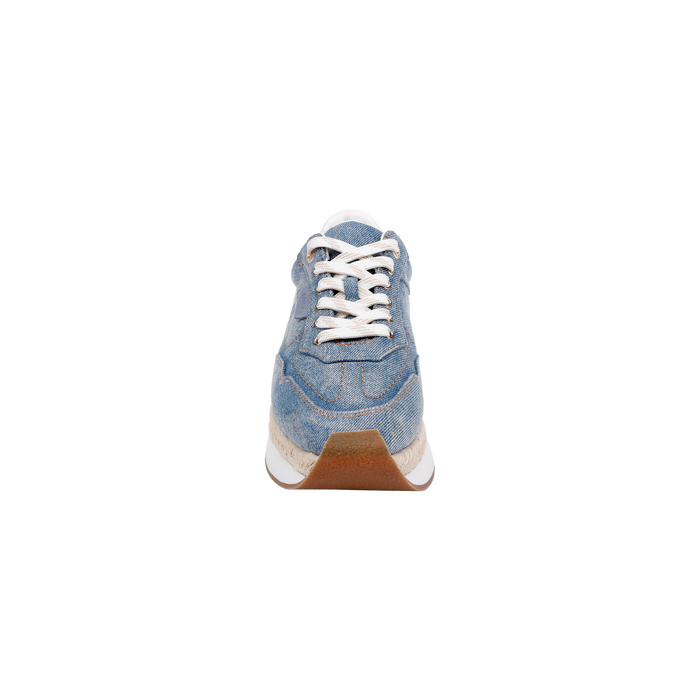 The Ivone Platform Sneaker is shown from the front against a plain white background, featuring a blue denim upper, white laces, and a white sole.