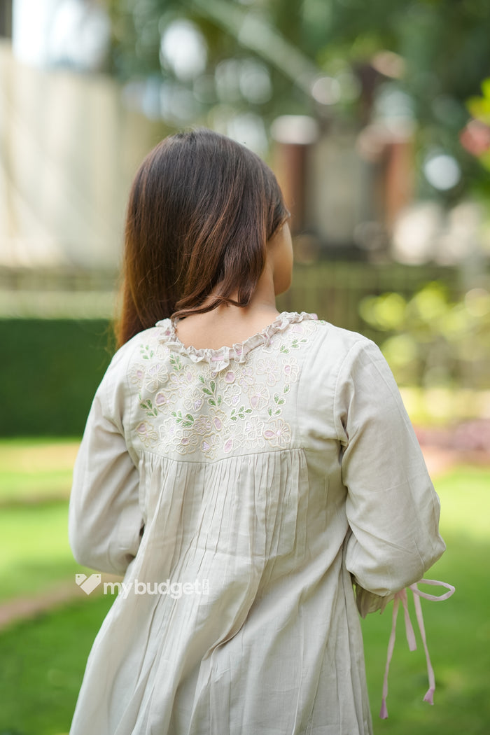 Ivory mul cotton kurti/dress with applique and thread worked yoke with scallop detailings MBS-845 **Ready to dispatch**