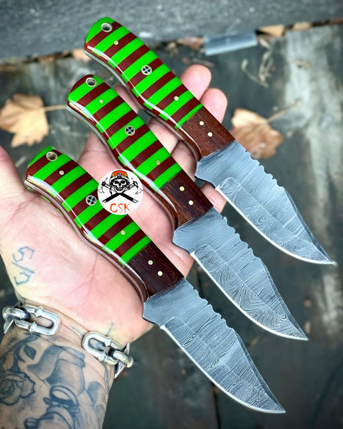 Jail Bird Damascus Hunting Set With Green & Brown Handle cskforged