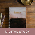 Bible study sitting on a brown table next to a candle holder and 2 stacked books. Words Digital Study overlay the image.
