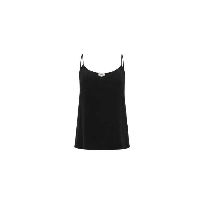 The Jane Silk Camisole is a black bias-cut silk top with thin adjustable straps and a scoop neckline, showcased against a plain white background.