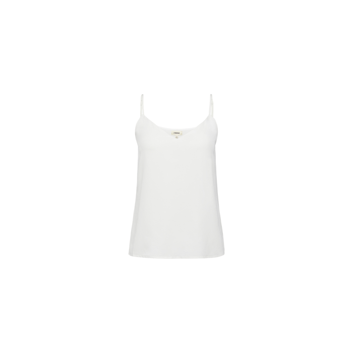 The Jane Silk Camisole is showcased against a plain white background. This white silk top features thin adjustable straps, a simple and minimalist design, a loose fit, and a gently curved neckline with no visible patterns or embellishments.