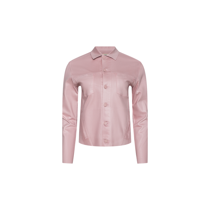 The Janelle Coated Jean Jacket is a light pink, slim fit piece crafted from coated denim, featuring long sleeves, a button-up front, collar, and two vertical chest pockets. It is displayed on a plain white background.