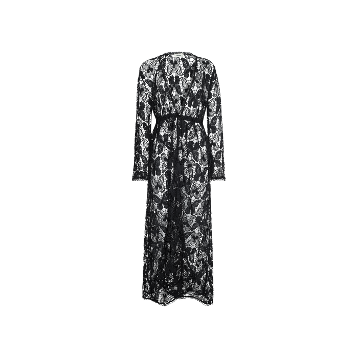 The Janus Cover-Up Robe is a long-sleeved, floor-length black lace maxi beach dress featuring a see-through floral pattern and a defined waistband, displayed on a plain white background.