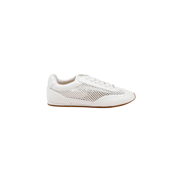 Introducing the Jarah Sneaker: This retro-inspired shoe showcases a white leather upper with mesh side detailing and a brown sole, displayed in profile against a plain white background. Its design is finished with a plush memory foam insole, ensuring lasting comfort.