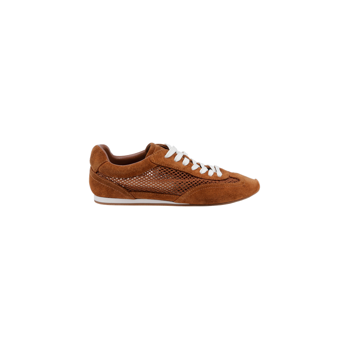 Introducing the Jarah Sneaker: a brown suede sneaker with white laces and a white sole, featuring a mesh side panel design and a comfortable memory foam insole. Shown in a side view against a plain white background.