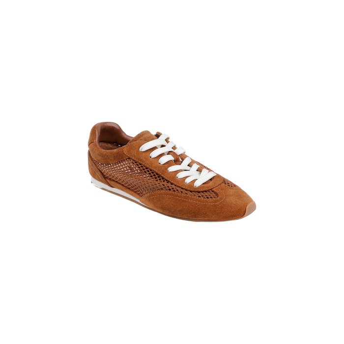 The Jarah Sneaker, crafted in brown suede with white laces and mesh side panels, features a memory foam insole for added comfort and is displayed on a plain white background.
