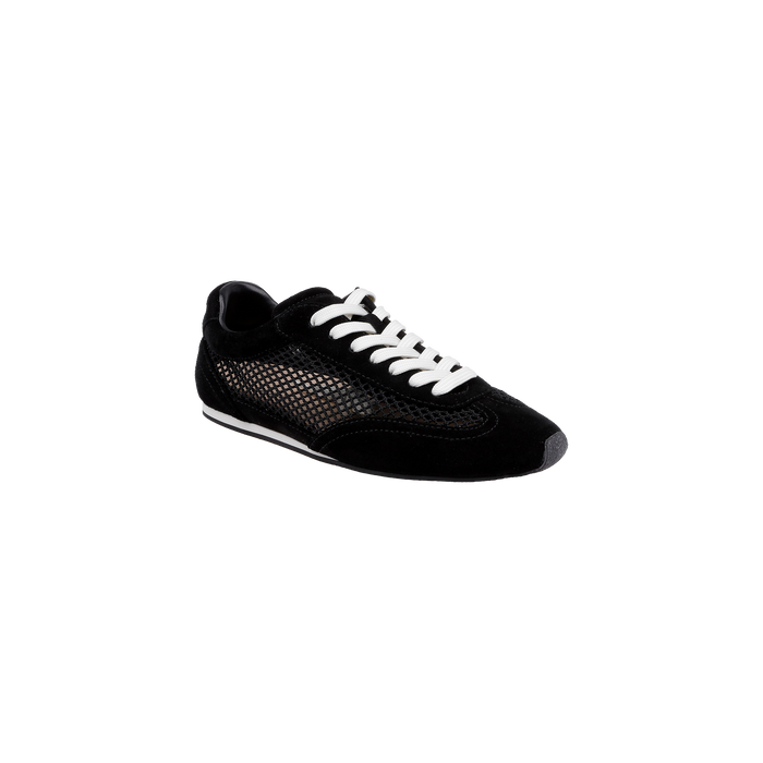 The Jarah Sneaker is a black suede sneaker with white laces, mesh side panels, and a black sole featuring a white stripe, shown against a plain white background. Designed with a memory foam insole for added comfort, these retro-inspired sneakers combine classic style and modern support.