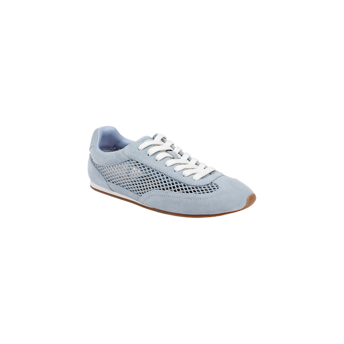 The Jarah Sneaker is a light blue, retro-inspired shoe featuring white laces, a mesh side panel, suede accents, and a brown rubber sole, displayed on a plain white background.